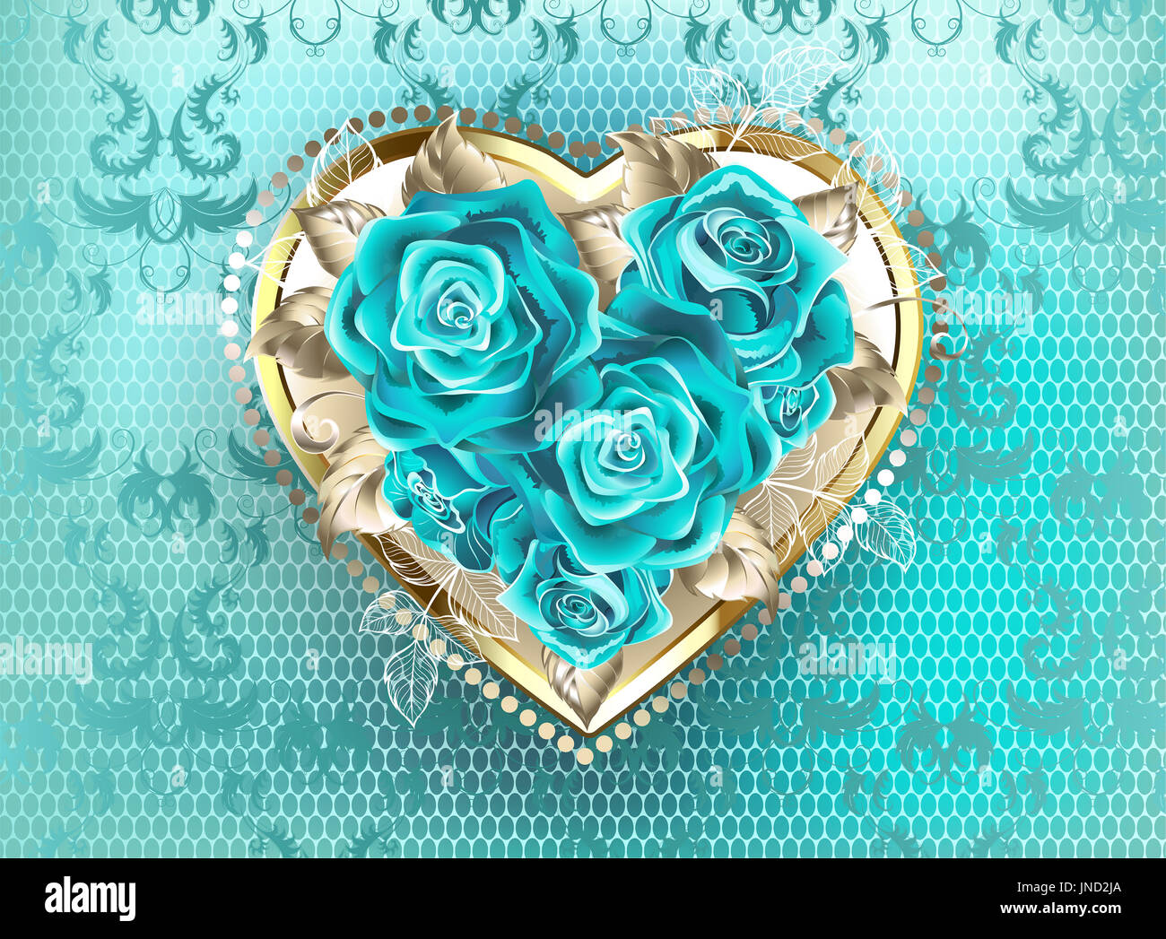 Jeweled cuore di oro bianco, decorata con rose turchese su un turchese, pizzo sfondo. Blue tiffany. Foto Stock