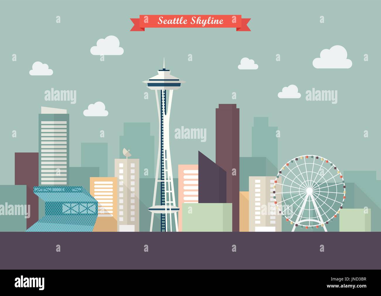 Seattle skyline illustrazione vettoriale. Appartamento di design di stile Illustrazione Vettoriale