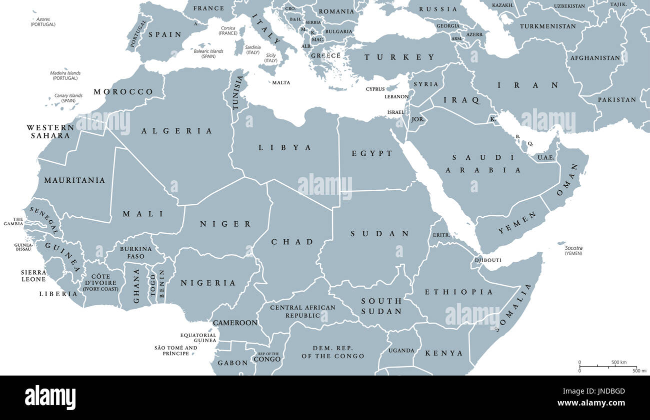 Africa del Nord e Medio Oriente mappa politico con i paesi e le frontiere. Etichetta inglese. Il Maghreb, Mediterraneo occidentale e i paesi dell'Asia centrale. Foto Stock