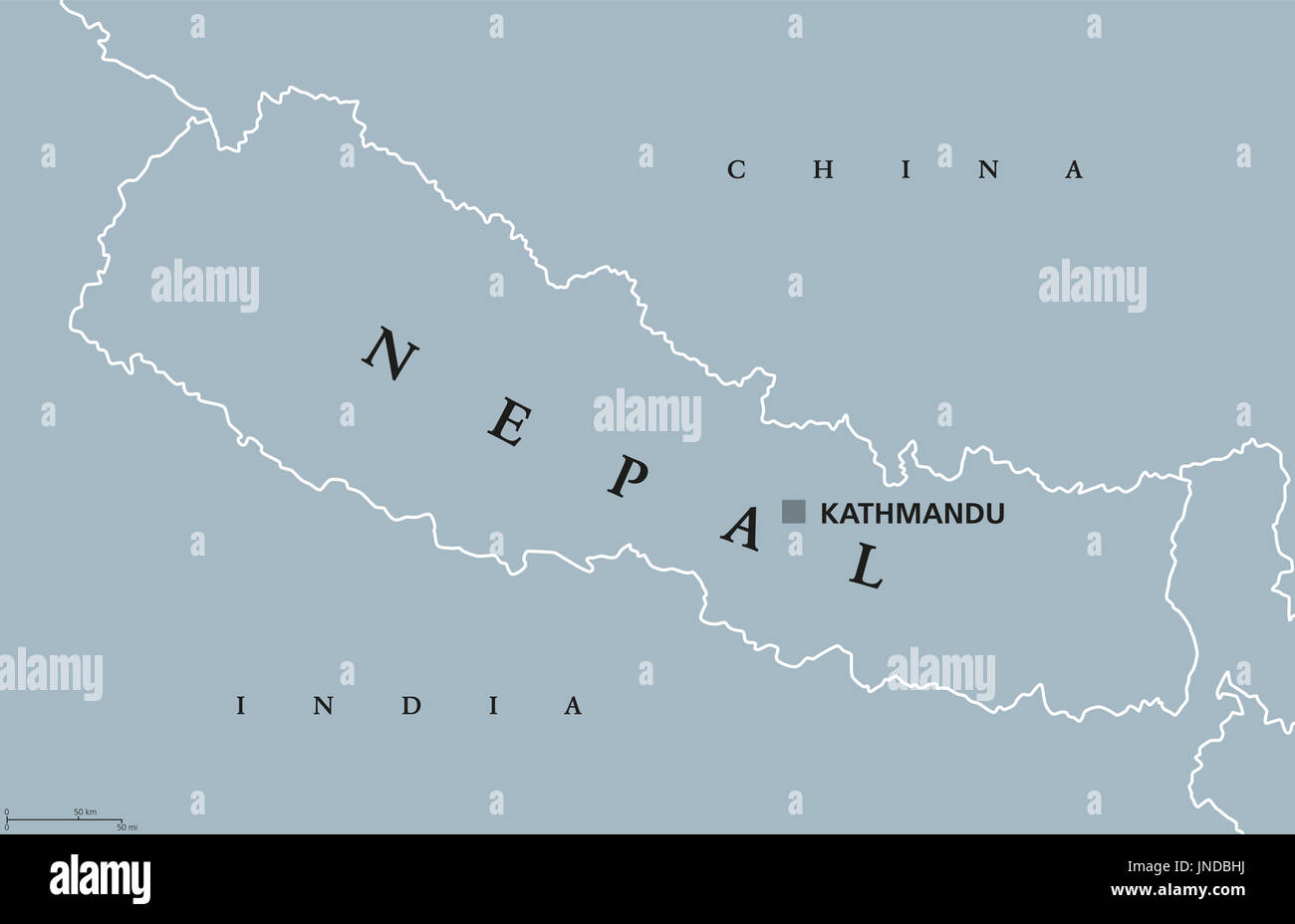 Nepal mappa politico con capitale Kathmandu. Etichetta inglese. Ufficio federale della Repubblica democratica e senza sbocco sul mare centro paese dell'Himalaya in Asia del Sud. Foto Stock