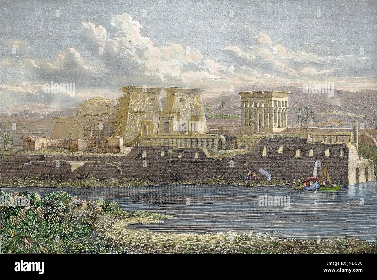 Vista generale. Templi di Philae, Tempio di Iside, 380-362 a.C., Egitto. Incisi da E. Finden nel 1852. Colorazione successiva. Colorate a mano. Foto Stock