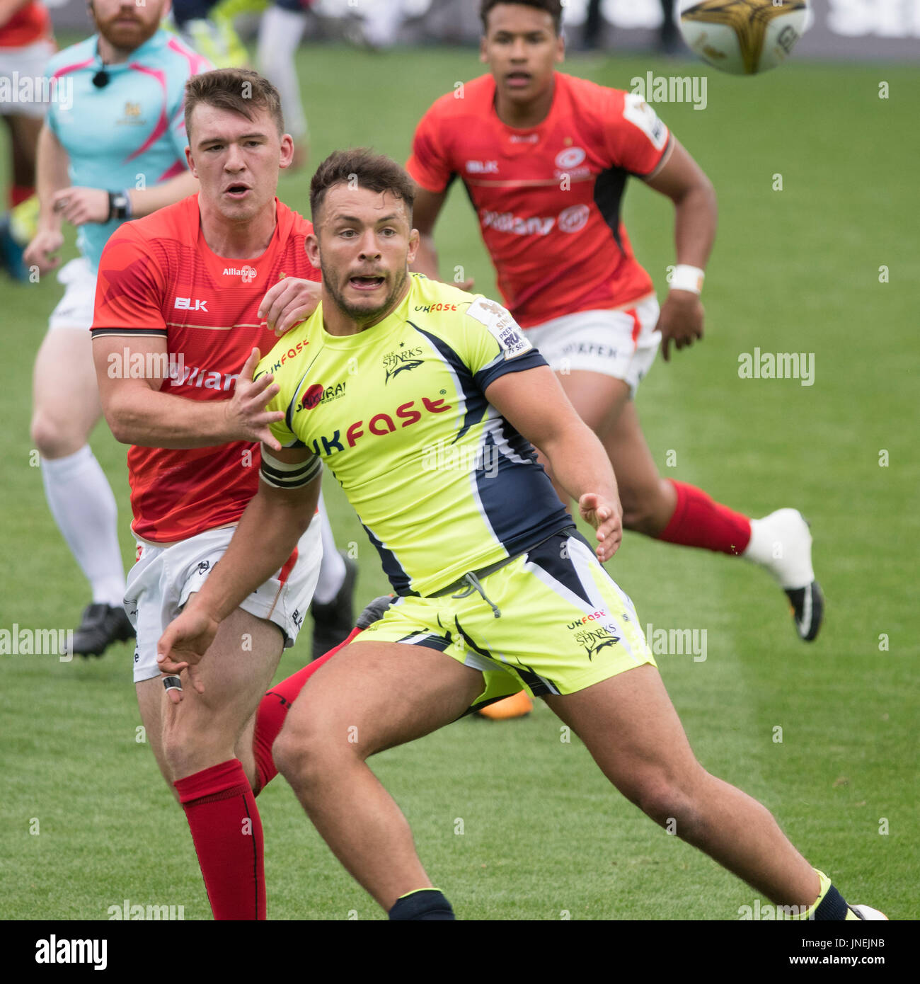 Northampton, Regno Unito. 29 Luglio, 2017. La vendita degli squali e saraceni al Rugby 7 S serie di Premiership a Northampton Franklins Giardino Credito: PATRICK ANTHONISZ/Alamy Live News Foto Stock