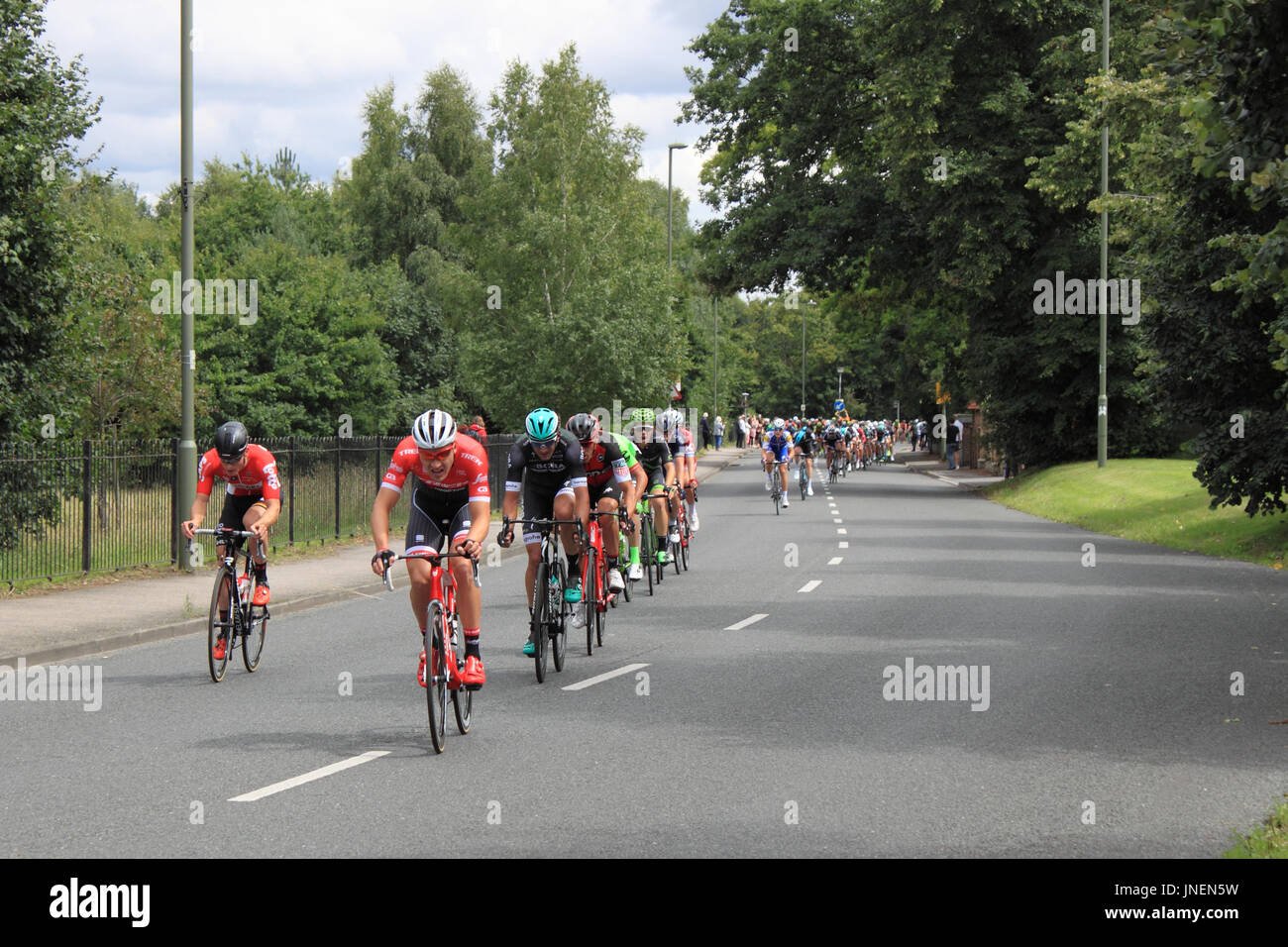 Da sinistra a destra: André Greipel (Lotto-Saudal), Matthias Brändle (Trek-Segafredo), Pascal Ackermann (Bora-Hansgrohe) e Manuel Quinziato (BMC Racing). RideLondon-Surrey Classic. Hurst Road, East Molesey, Surrey, Regno Unito. Il 30 luglio 2017. UCI World Tour classificati, a un giorno e a 140km di corsa su strada in partenza e a Londra centrale. Il percorso è basato sul corso utilizzato per le Olimpiadi del 2012 e tiene i piloti fuori Londra nel Surrey Hills. Credito: Ian bottiglia/Alamy Live News Foto Stock