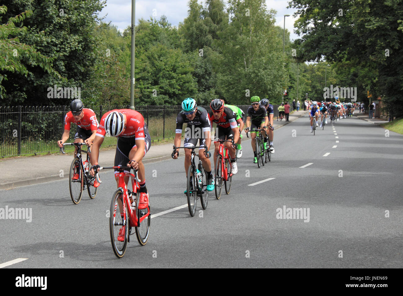 Da sinistra a destra: André Greipel (Lotto-Saudal), Matthias Brändle (Trek-Segafredo), Pascal Ackermann (Bora-Hansgrohe) e Manuel Quinziato (BMC Racing). RideLondon-Surrey Classic. Hurst Road, East Molesey, Surrey, Regno Unito. Il 30 luglio 2017. UCI World Tour classificati, a un giorno e a 140km di corsa su strada in partenza e a Londra centrale. Il percorso è basato sul corso utilizzato per le Olimpiadi del 2012 e tiene i piloti fuori Londra nel Surrey Hills. Credito: Ian bottiglia/Alamy Live News Foto Stock