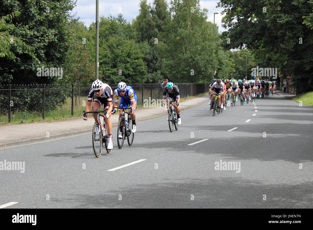 Peleton. RideLondon-Surrey Classic. Hurst Road, East Molesey, Surrey, Regno Unito. Il 30 luglio 2017. UCI World Tour classificati, a un giorno e a 140km di corsa su strada in partenza e a Londra centrale. Il percorso è basato sul corso utilizzato per le Olimpiadi del 2012 e tiene i piloti fuori Londra nel Surrey Hills. Credito: Ian bottiglia/Alamy Live News Foto Stock