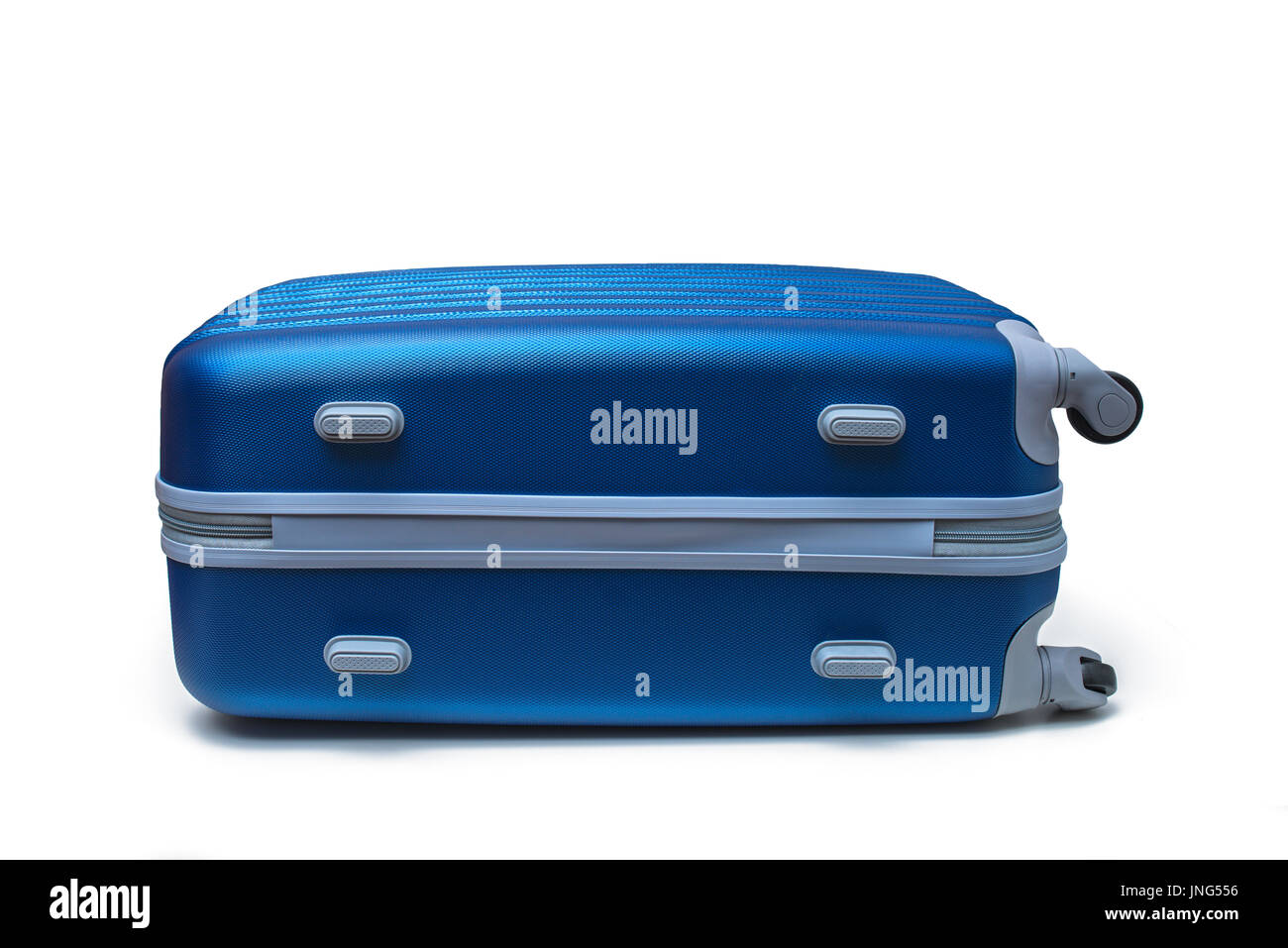 Blu valigia viaggio isolato su bianco con tracciato di ritaglio Foto Stock