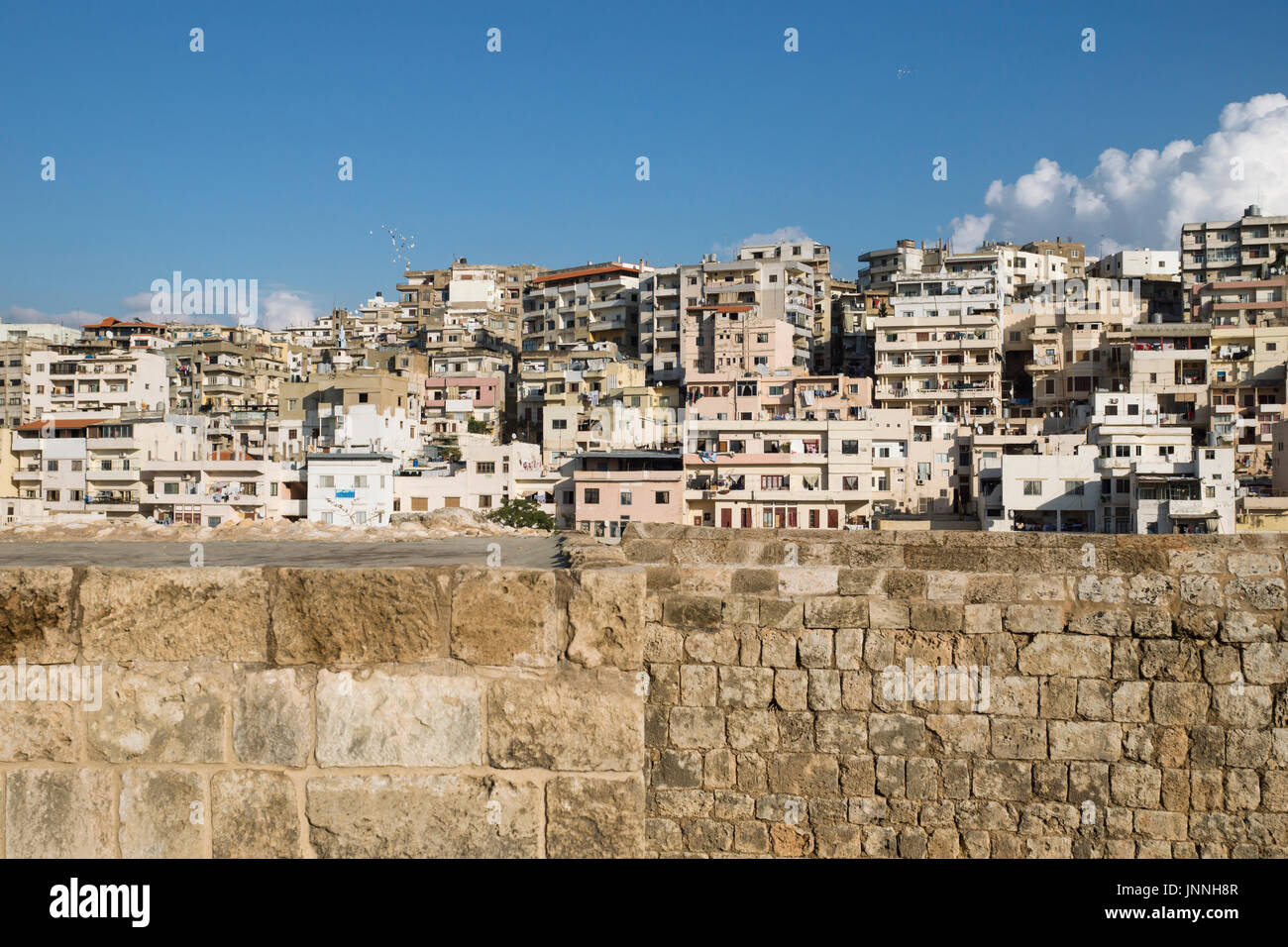 Vista la baraccopoli dalla cittadella di Raymond de Saint-Gilles, Tripoli, Libano Foto Stock