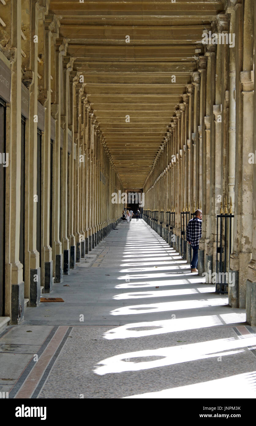 Parigi, Francia, Palais Royal, vista obliqua della facciata di ala est, rivolta verso gli alberi del giardino, Galerie de Valois Foto Stock