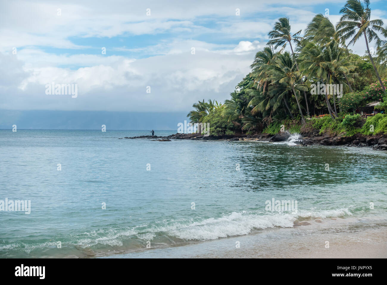 Un pescatore solitario tenta la fortuna su una spiaggia in zona Kahan di Maui, Hawaii. Foto Stock