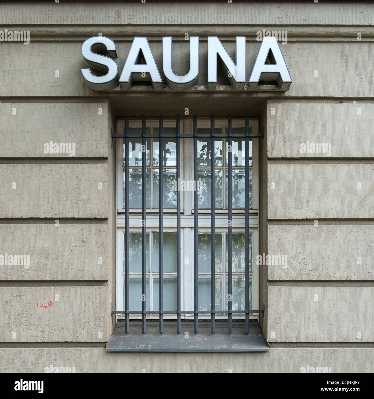 Sauna segno a Stadtbad Neukölln a Berlino, Germania. Foto Stock
