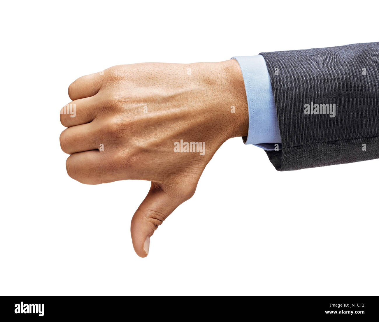Gli uomini la mano in un vestito mostra il pollice verso il basso isolati su sfondo bianco. Concetto negativo. Close up. Risoluzione alta. Foto Stock