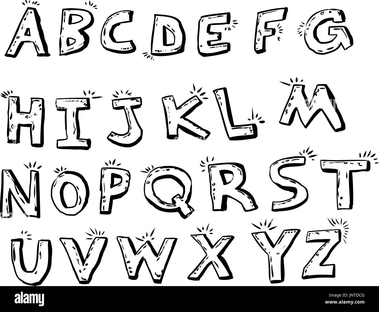 Delineato insieme di shiny disegnati a mano alfabeto inglese lettere su bianco Foto Stock