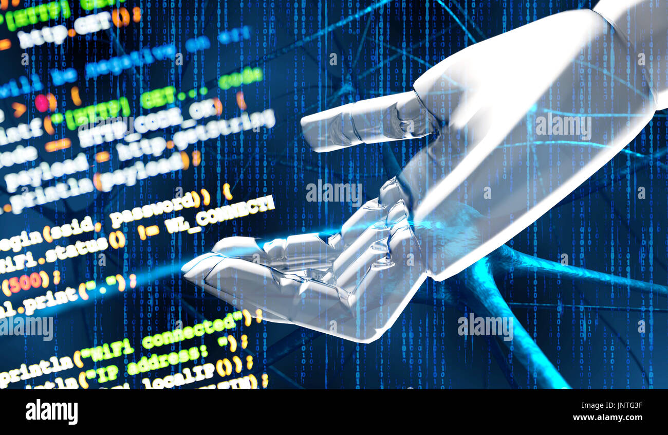 Intelligenza artificiale (AI) advisor o robo-advisor , macchina e profonda di apprendimento della tecnologia di automazione concetto.3d rendering mano di robot , blur coded pr Foto Stock