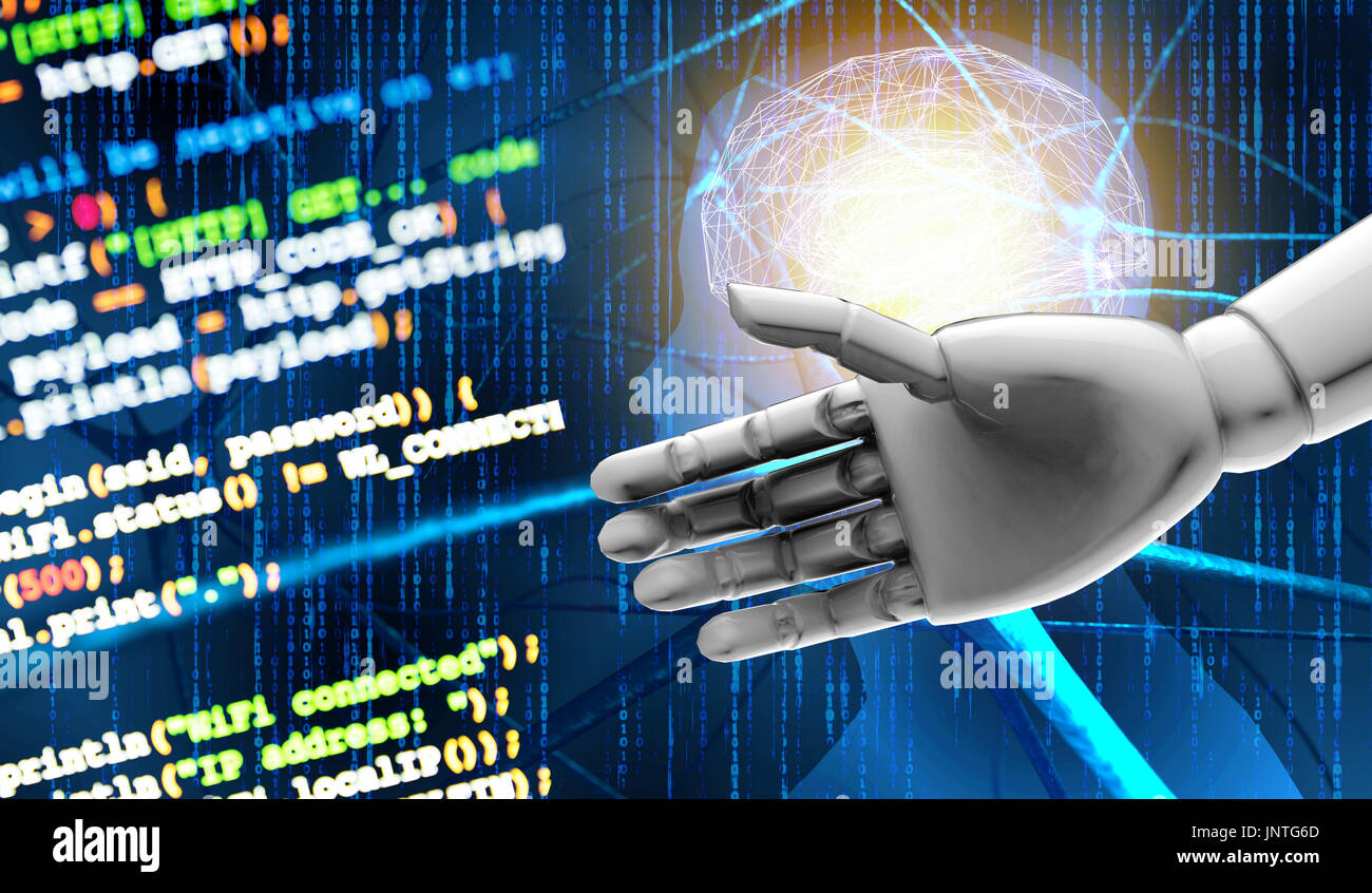 Intelligenza artificiale (AI) advisor o robo-advisor , macchina e profonda di apprendimento della tecnologia di automazione concetto.3d rendering mano di robot , blur coded pr Foto Stock