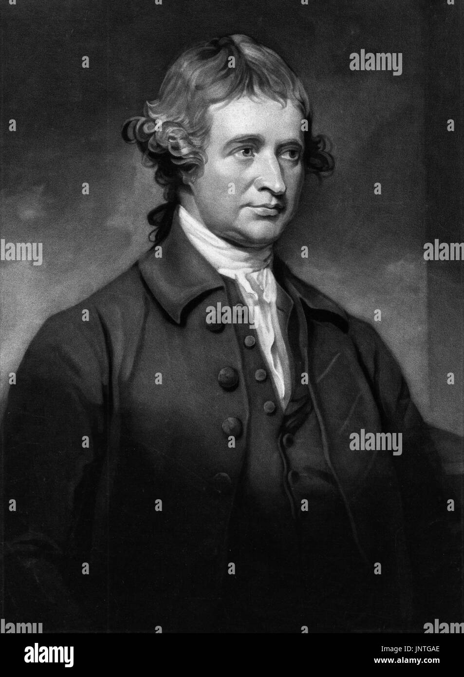 Edmund Burke (1729-1797), statista anglo-irlandese e filosofo, mezzatinta incisione di John Jones da un ritratto di George Romney Foto Stock