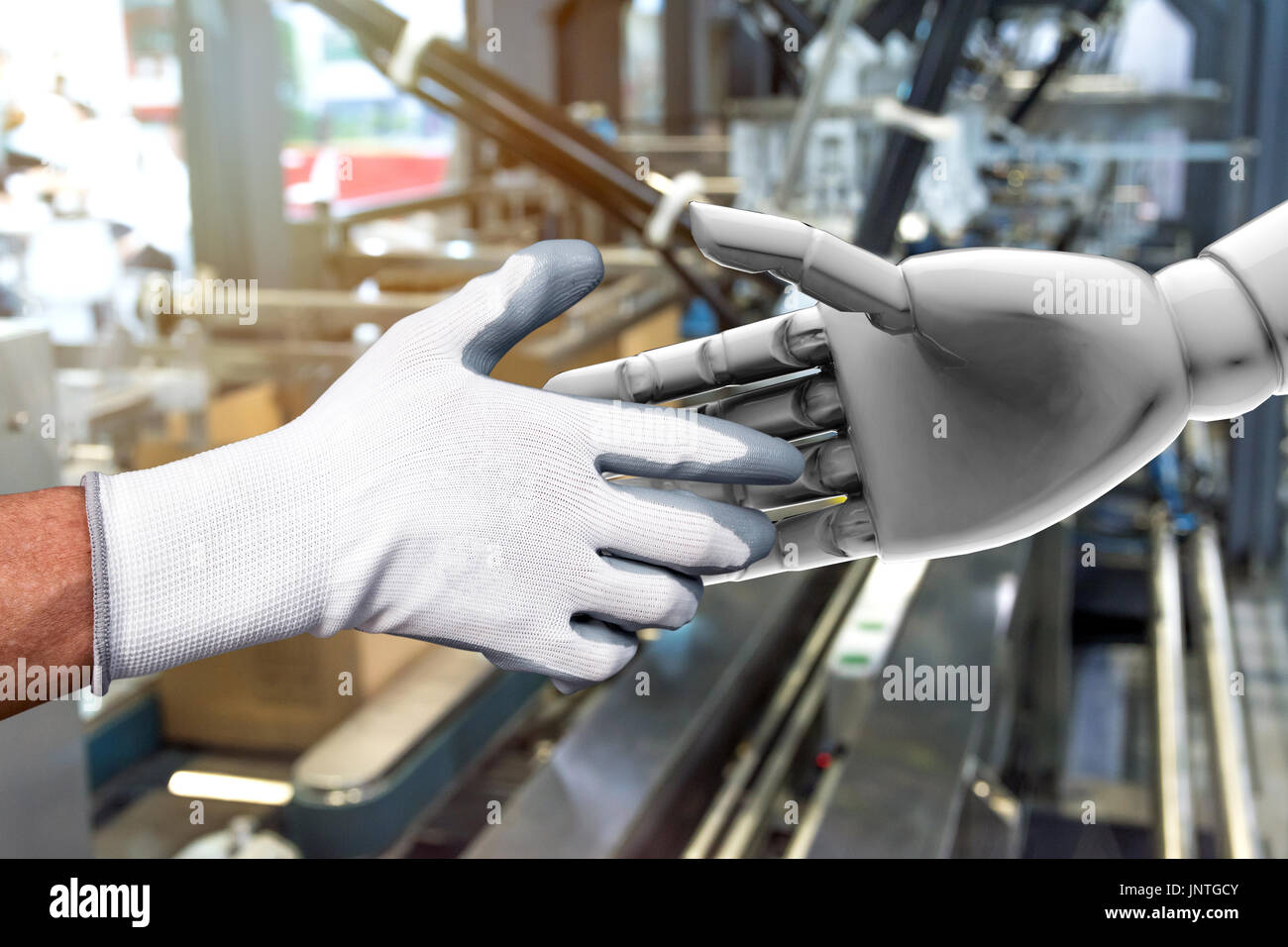 Intelligenza artificiale (AI) advisor o robo-consigliere in smart factory industry 4.0 tecnologia. Stringe la mano di ingegnere e 3d rendering robot. Le sfocature Foto Stock