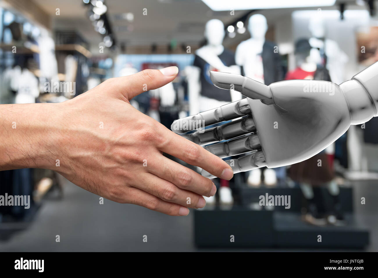 Intelligenza artificiale (AI) advisor o robo-consigliere in smart retail technology. Stringe la mano dei maschi di direttore esecutivo e 3d rendering robot. Le sfocature Foto Stock