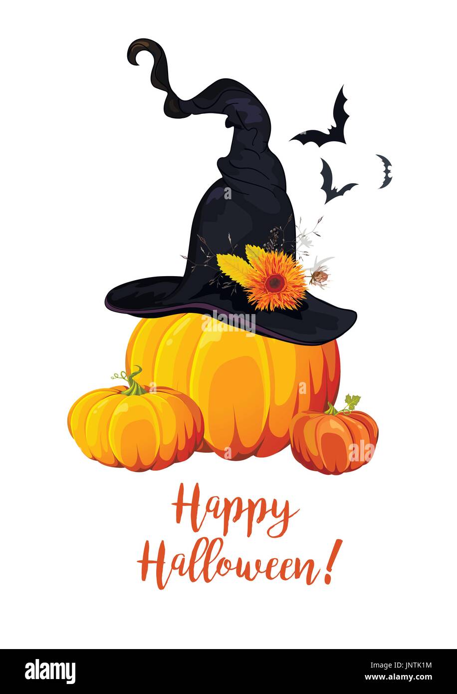 Happy Halloween testo, biglietto di auguri con la magia della strega hat,  fiori d'arancio, thistle vestito sulla zucca, mazze battenti. Poster,  banner arte vettoriale illustrat Immagine e Vettoriale - Alamy