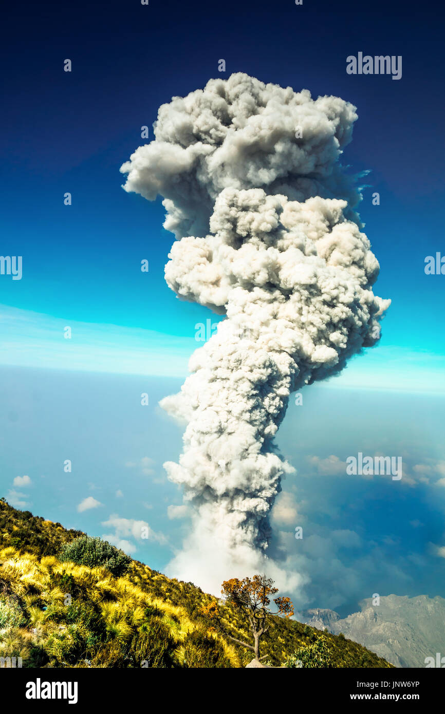 Vista l eruzione del vulcano Santiaguito in Guatemala da Santa Maria Foto Stock