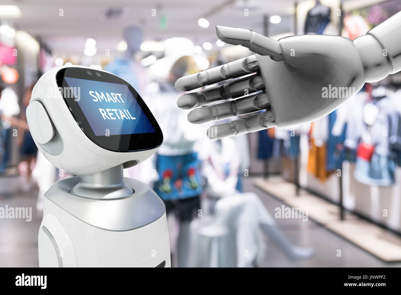 Smart delle vendite al dettaglio e il crm robot assistente o consulente concetto tecnologico. 3D rendering mano robot mostrano robo-advisor visualizzare il testo su schermo con blur s Foto Stock