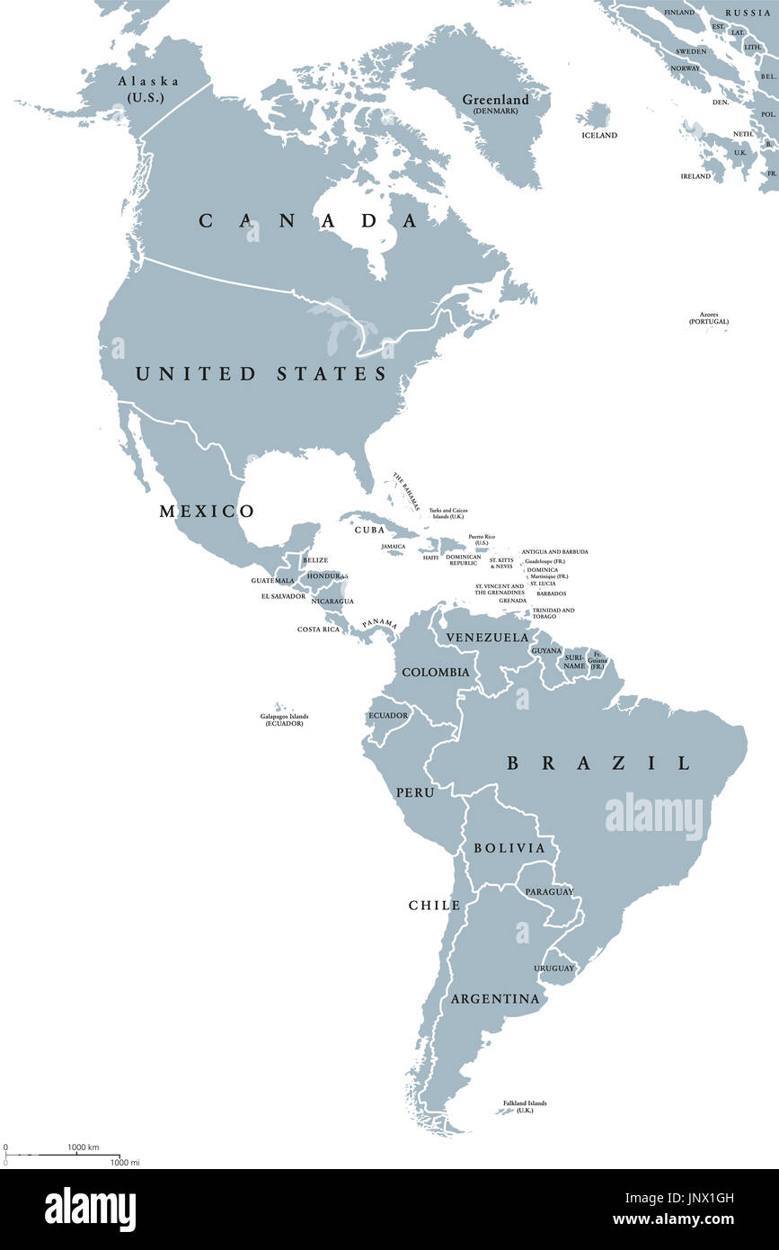 Americhe mappa politico con i paesi e i bordi dei due continenti in Nord e Sud America. Etichetta inglese. Illustrazione di grigio su bianco. Foto Stock
