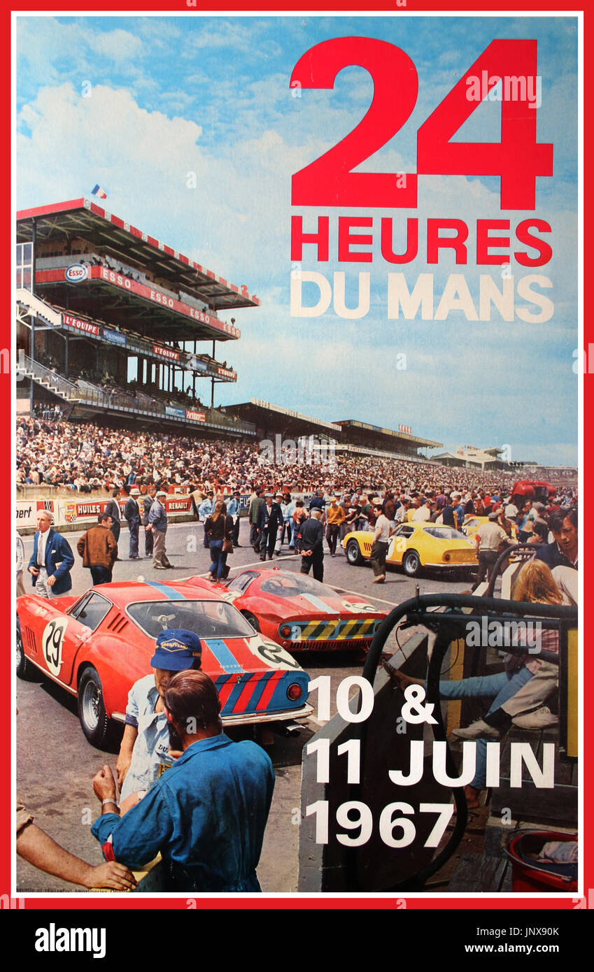 Anni sessanta Le Mans 24 ore di gara poster poster vintage per il francese 24 Heures du Mans gara automobilistica 10/11th Giugno 1967 vinta da Dan Gurney e AJ Foyt in una Ford GT 40 Le Mans Francia Foto Stock