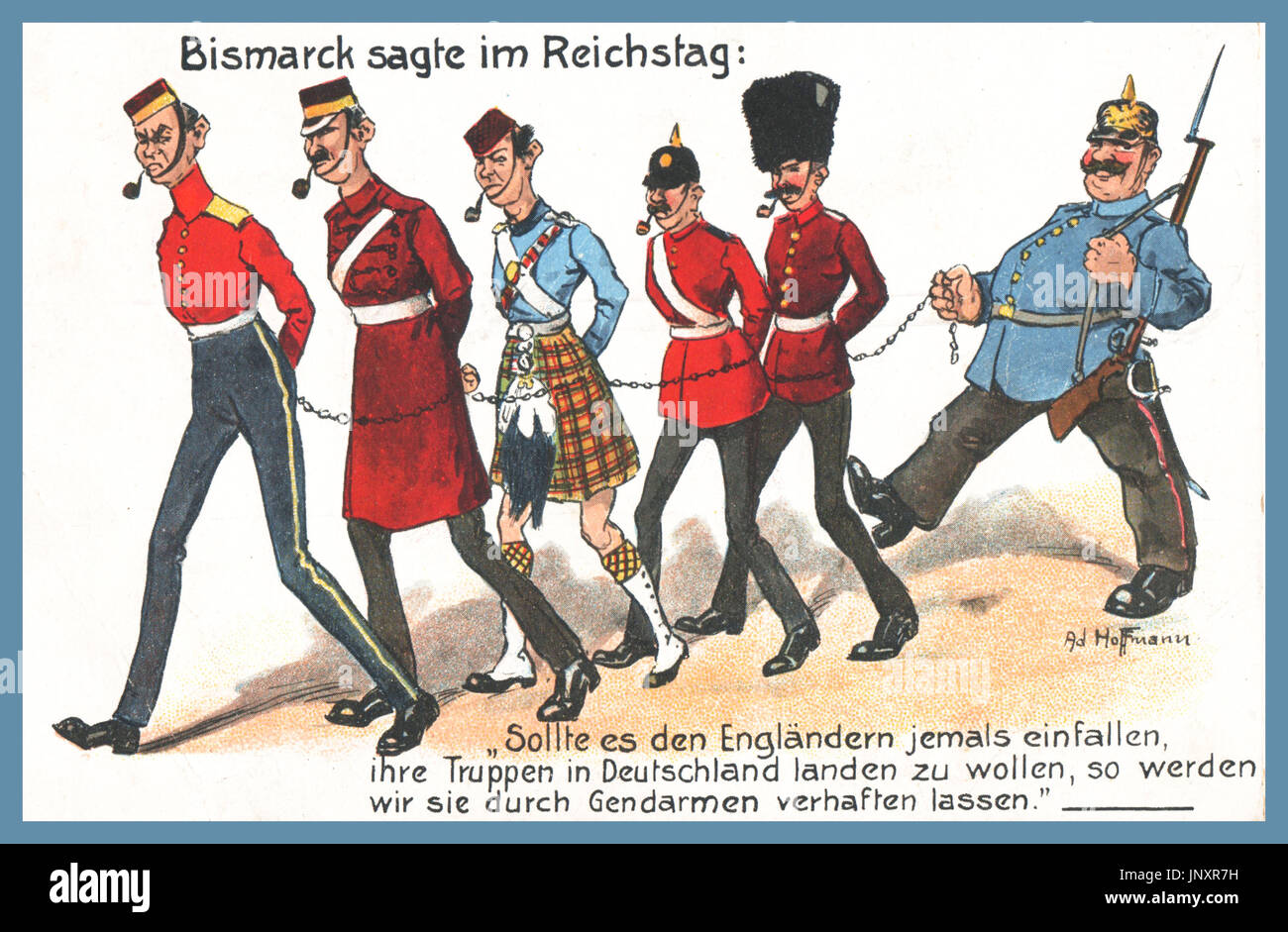 WW1 propaganda tedesca cartolina "Bismarck sagte im Reichstag' 'Bismarck afferma nel Reichstag'...nel poster sono caricature di un tedesco di guardia e cinque soldati britannici incatenati gli uni agli altri per farli sembrare come cani al guinzaglio, un segno di quanto disprezzo i tedeschi li terrà in. I soldati britannici sono gli stereotipi hanno tutti un tubo nella loro bocca e indossa caricatured British uniformi militari. "BISMARK dice nel Reichstag ' ''dovrebbe British mai voglia di sbarcare le loro truppe in Germania, così li hanno arrestato dai gendarmi'' (tedesco WW1 umorismo) Foto Stock