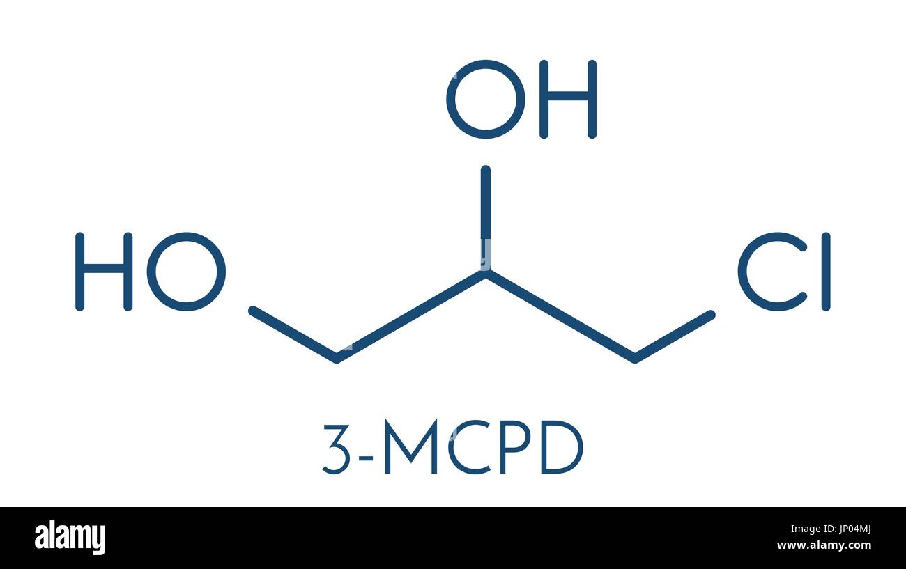 3-MCPD cancerogene da alimentare-molecola prodotto. Prodotto quando è stato aggiunto acido cloridrico al cibo per accelerare l'idrolisi proteica. Formula di scheletro. Illustrazione Vettoriale