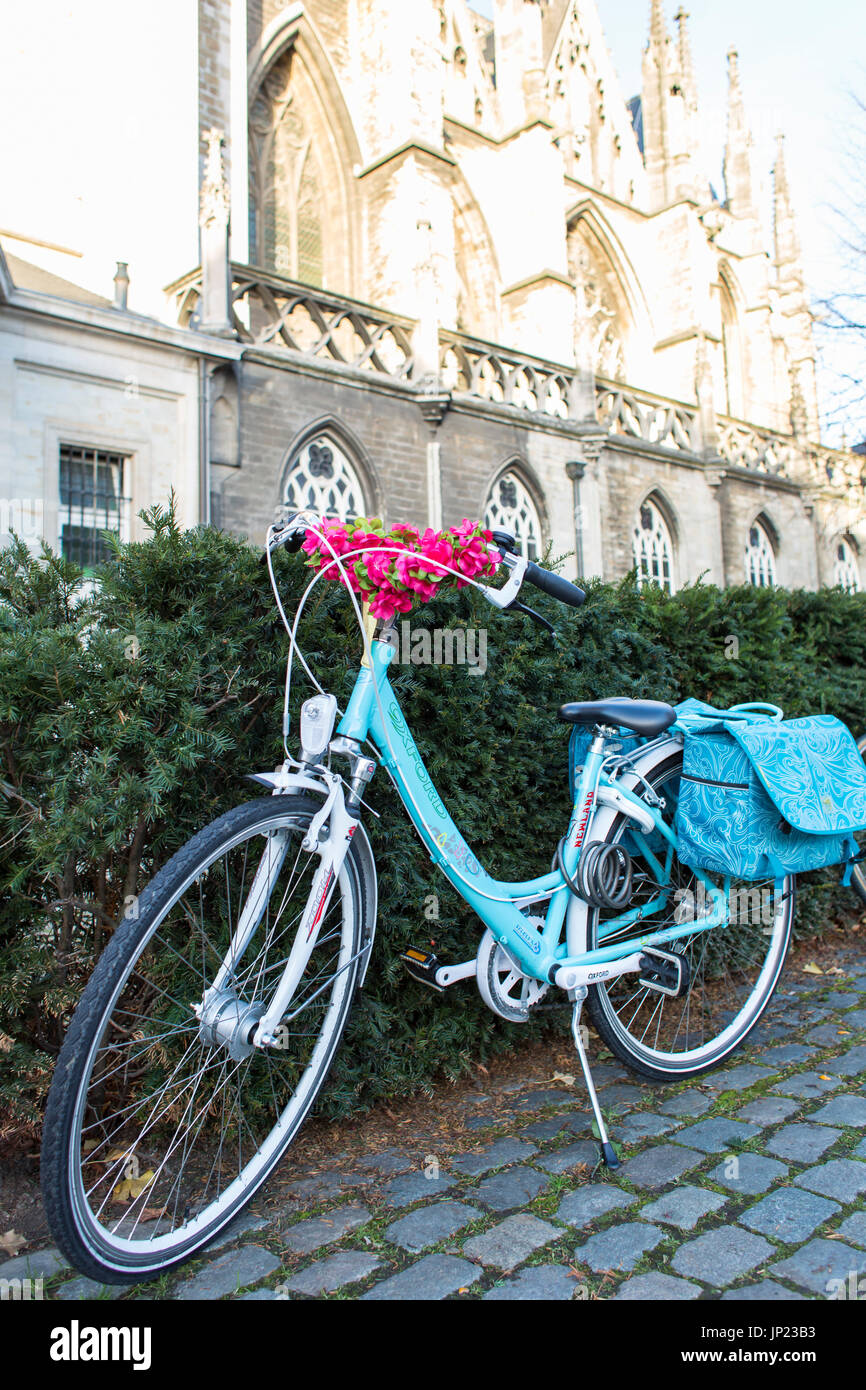 Mechelen, Belgio - 14 dicembre 2013: Aqua bicicletta con profonda fiori rosa sul manubrio a Mechelen in Belgio. Foto Stock
