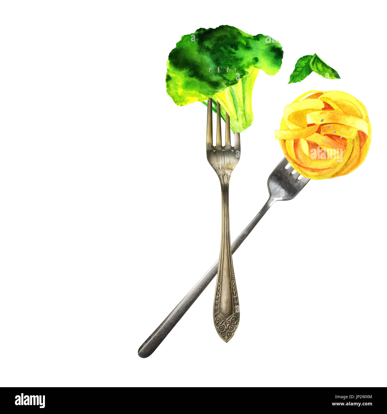 Collage di foto delle forcelle vintage e disegni ad acquerello di un fiorellino di broccoli, pappardelle, e foglie di menta. A tema Vegan elemento decorativo per un r Foto Stock