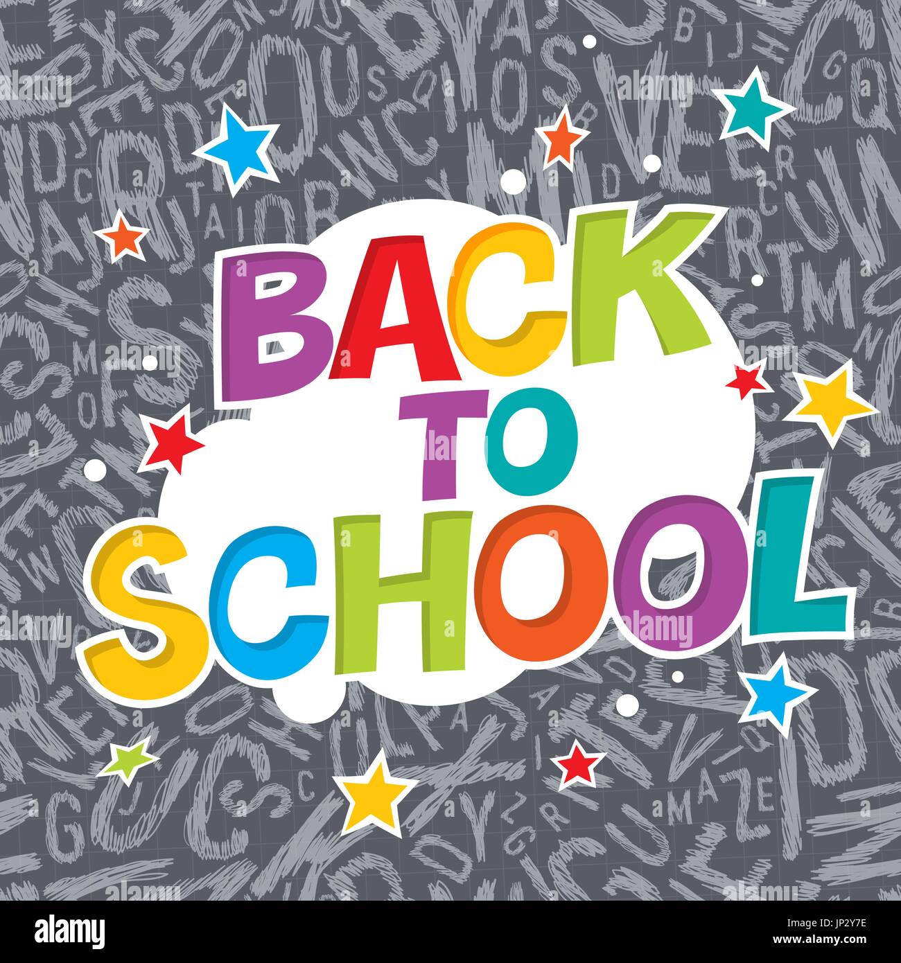 Si torna a scuola. Poster colorati con raggi e stelle. Alfabeto di fumetti. Illustrazione Vettoriale
