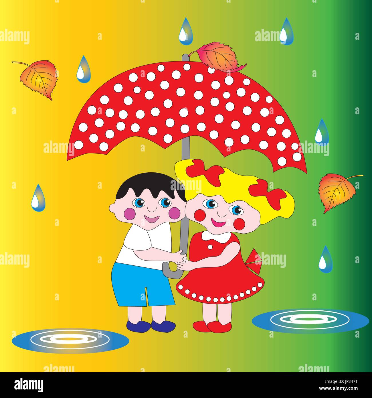 Due bambini di un ragazzo e una ragazza sono nascosti dalla pioggia sotto un ombrello. Illustrazione Vettoriale