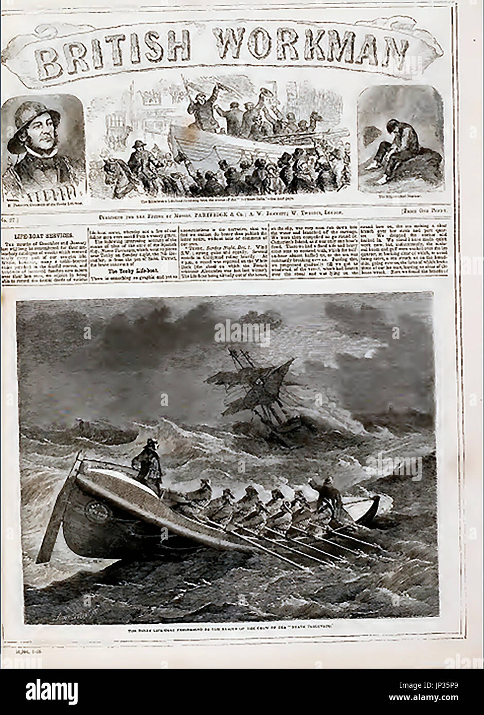 Scialuppa di salvataggio articolo sulla pagina anteriore del Vittoriano British Workman magazine (Pub. Partridge & Co, Londra) 1864 Foto Stock