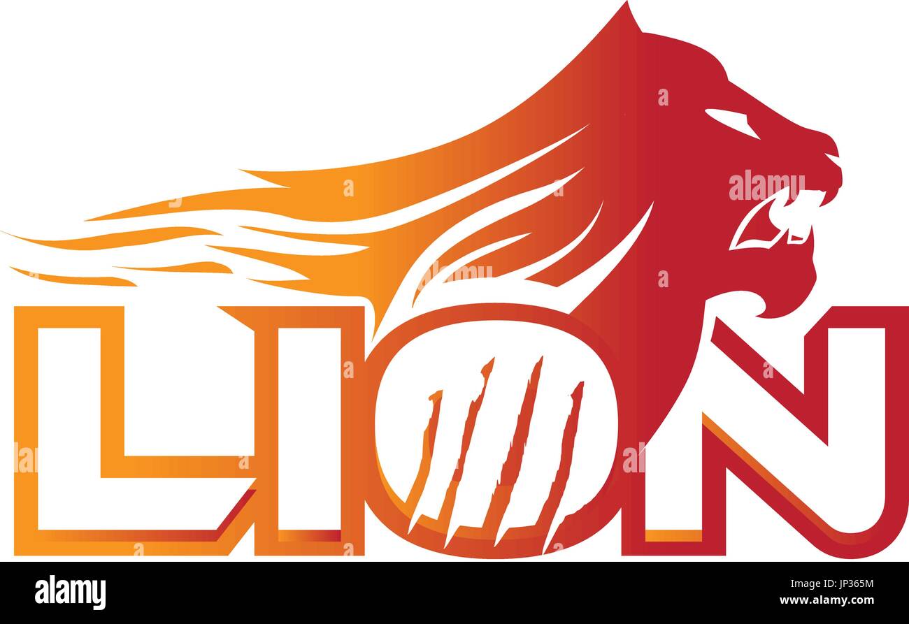 Arrabbiato logo Lion apre la sua bocca con fiamme e scratch sulla lettera O. isolati su sfondo bianco. Illustrazione Vettoriale