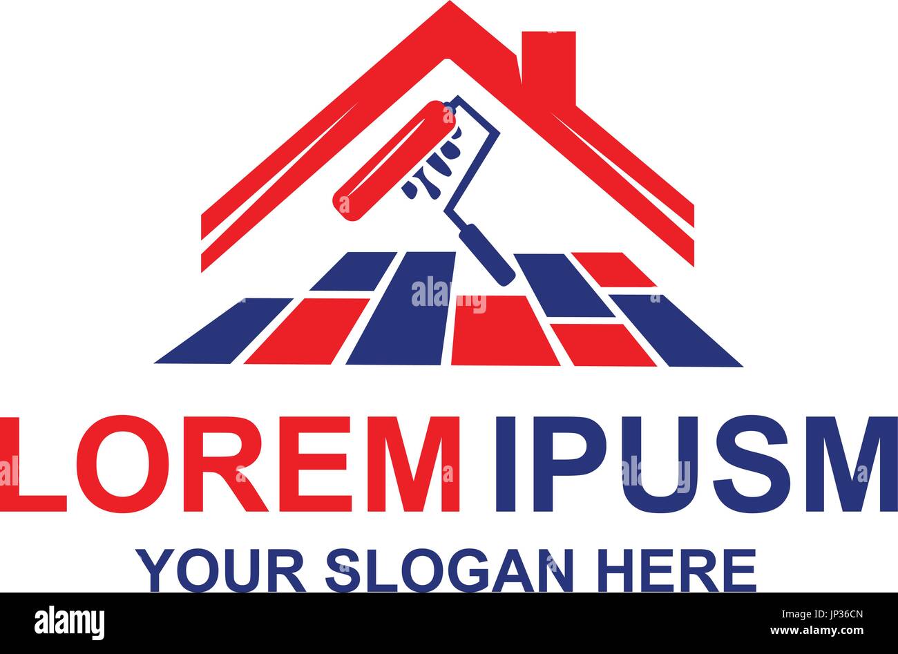 Home logo di manutenzione con tetto ,piano e il rullo spazzola di vernice. isolato su sfondo bianco. Illustrazione Vettoriale