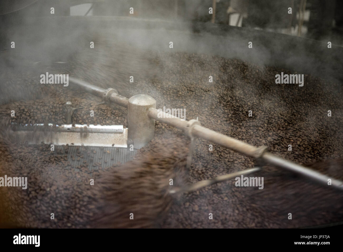 I chicchi di caffè raffreddamento dal tostatore Foto Stock