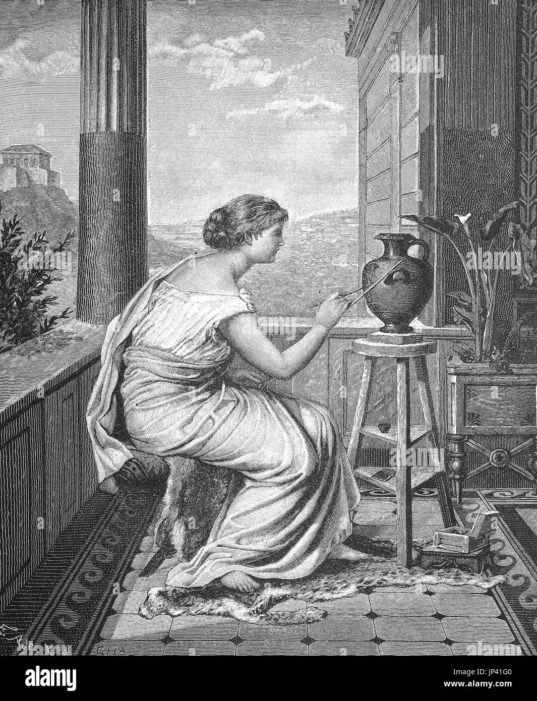 Pittore, artista giovane donna greca dipinte di un vaso, digitale Riproduzione migliorata di una xilografia la pubblicazione a partire dall'anno 1888 Foto Stock