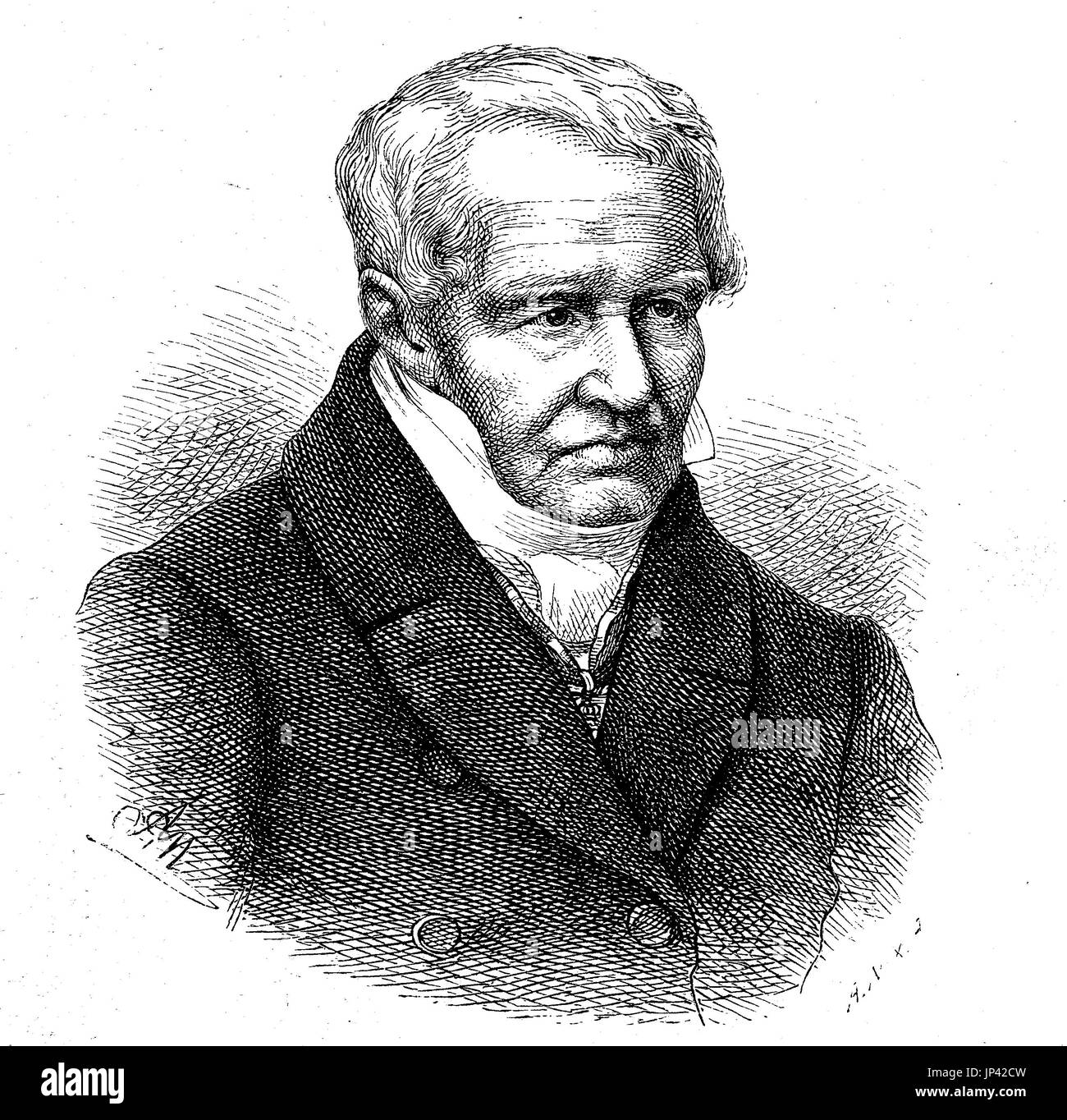 Ritratto di Wilhelm Friedrich Heinrich Alexander von Humboldt, 14 settembre 1769 - 6 maggio 1859, è stato un geografo prussiano, naturalista, explorer e influente fautore della filosofia romantica e scienza, Germania, digitale Riproduzione migliorata di una xilografia la pubblicazione a partire dall'anno 1888 Foto Stock