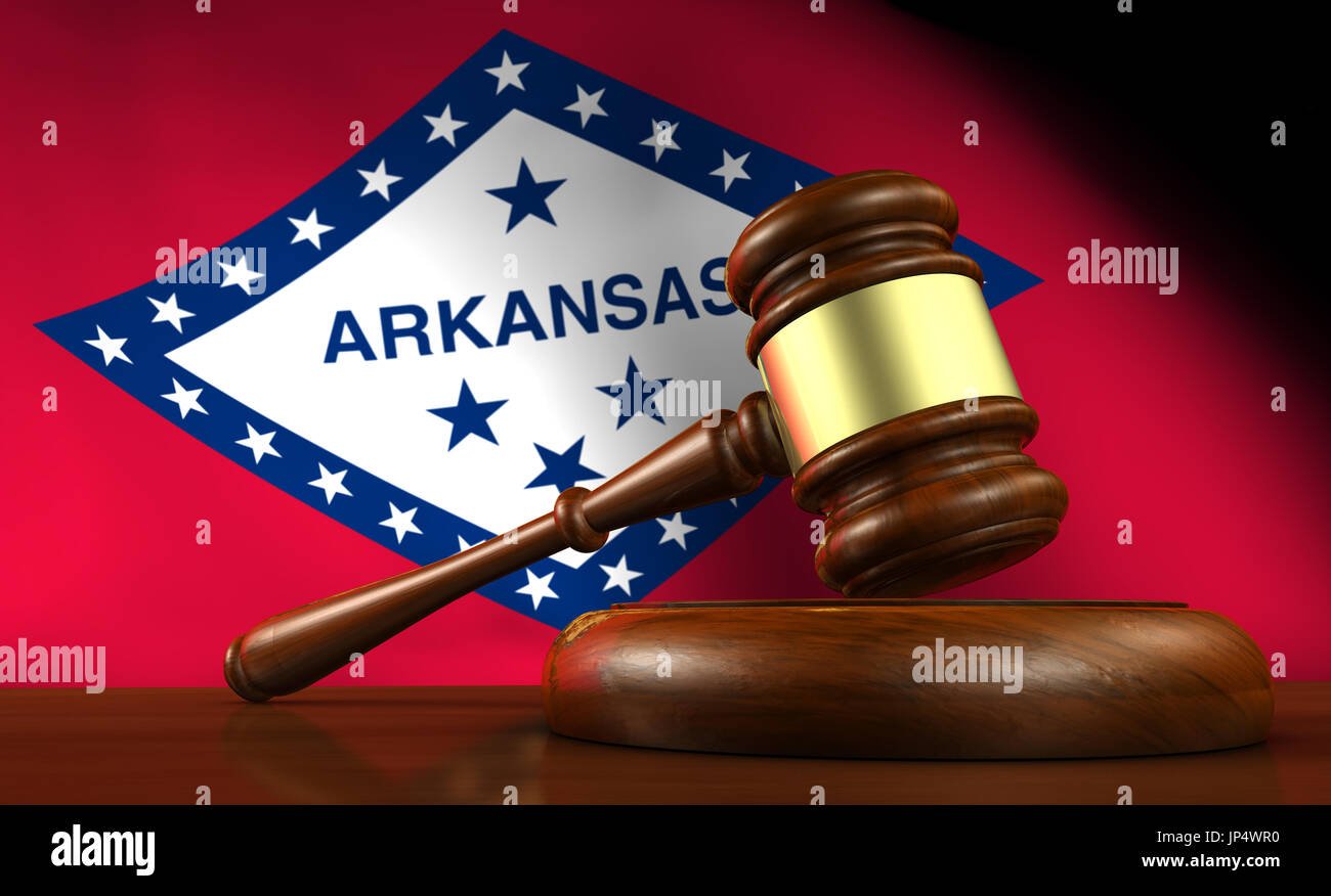 Arkansas leggi dello stato, del sistema giudiziario e di giustizia concetto con un rendering 3D di un martello e di bandiera su sfondo. Foto Stock