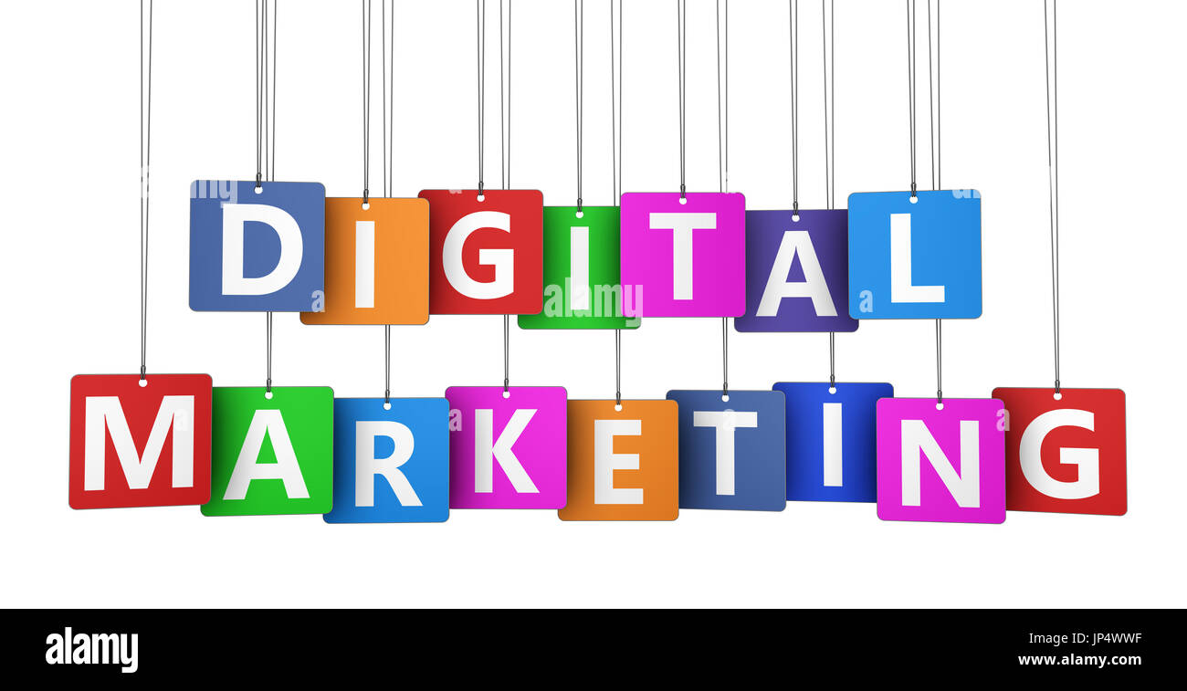 Il marketing digitale segno e parola su carta colorata tag 3D illustrazione isolati su sfondo bianco. Foto Stock