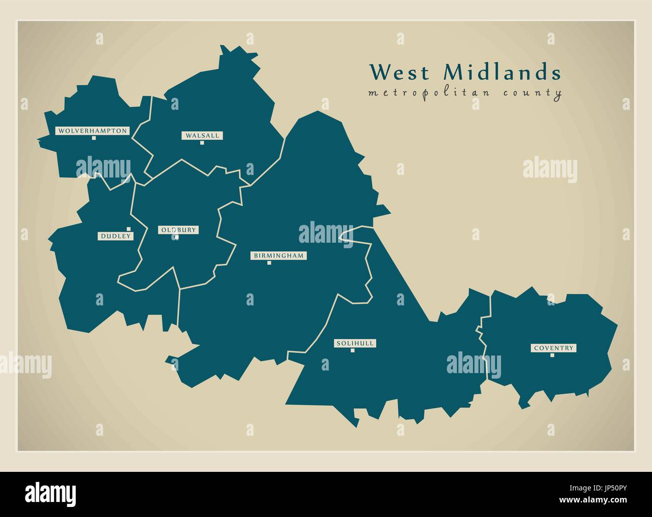 Mappa moderno - West Midlands metropolitan county con città e distretti England Regno Unito Illustrazione Vettoriale