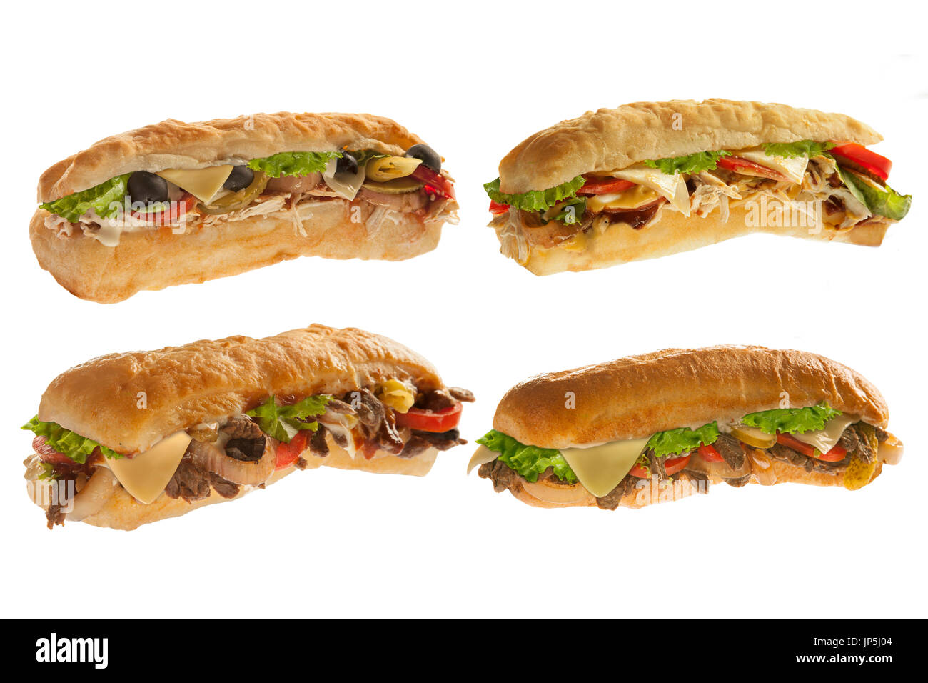 Mighty sub hoagie sandwich con bastoncini di mozzarella e patatine in partite di carne e verdure Foto Stock