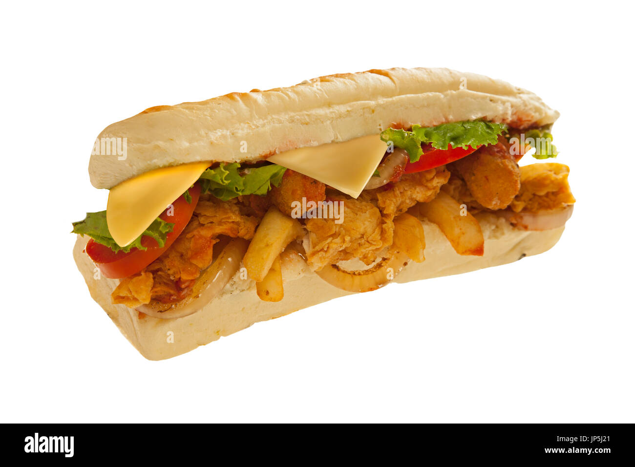 Mighty sub hoagie sandwich con bastoncini di mozzarella e patatine in partite di carne e verdure Foto Stock