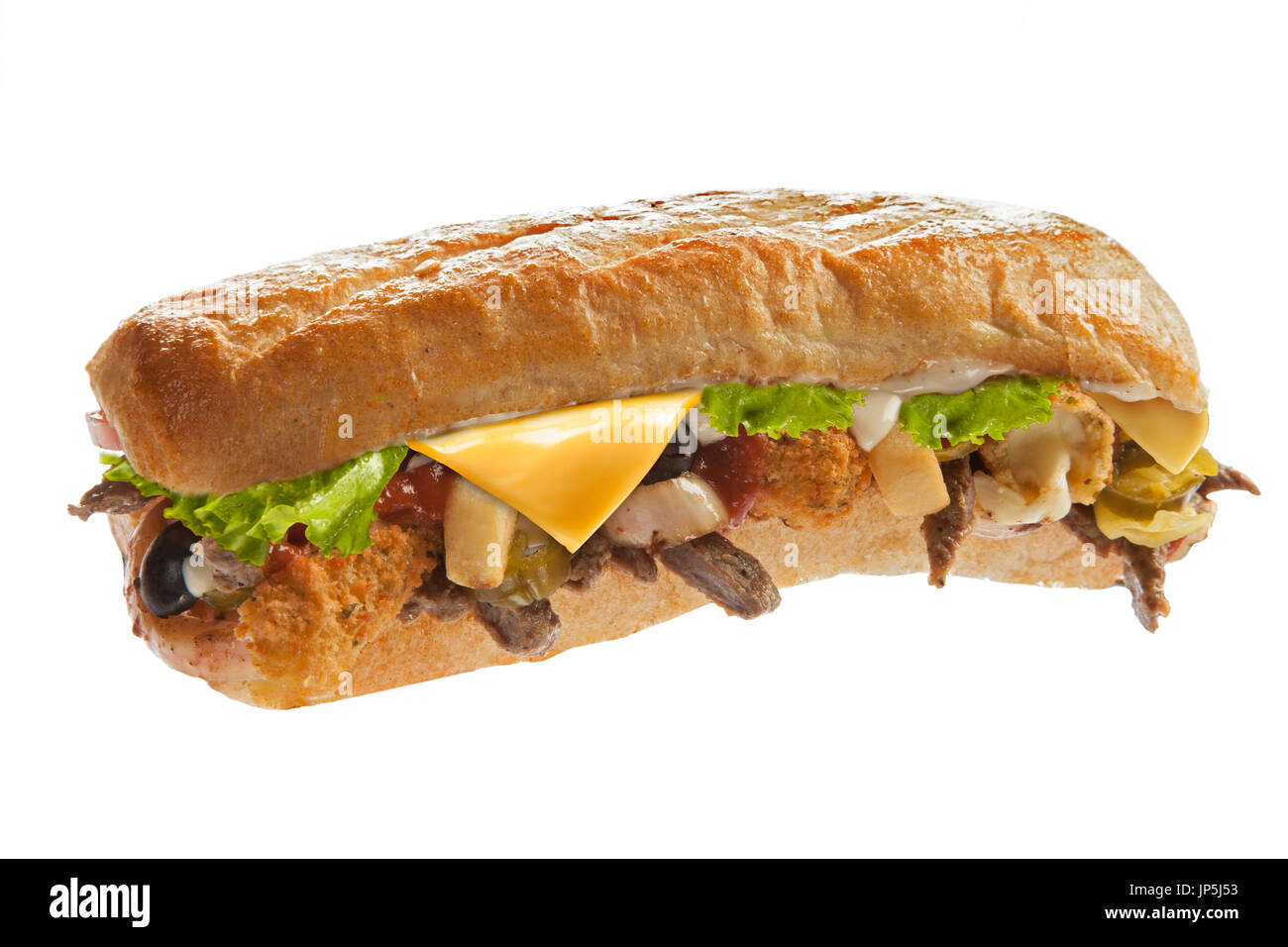 Mighty enorme sub hoagie sandwich riempito con verdure e carne Foto Stock