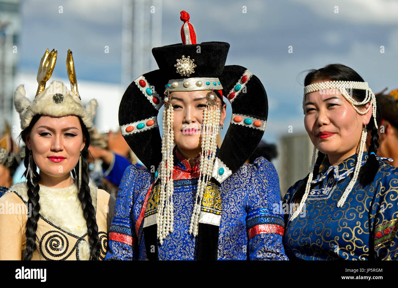 Le donne nel tradizionale costume deel presso il mongolo costume nazionale Festival, Ulaanbaatar, in Mongolia Foto Stock