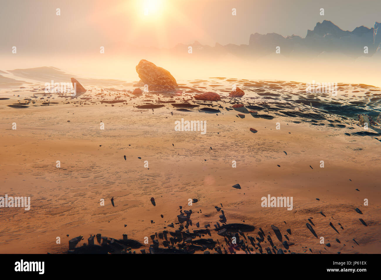 Tramonto sul paesaggio marziano. Rocce e montagne nella nebbia, 3d illustrazione Foto Stock