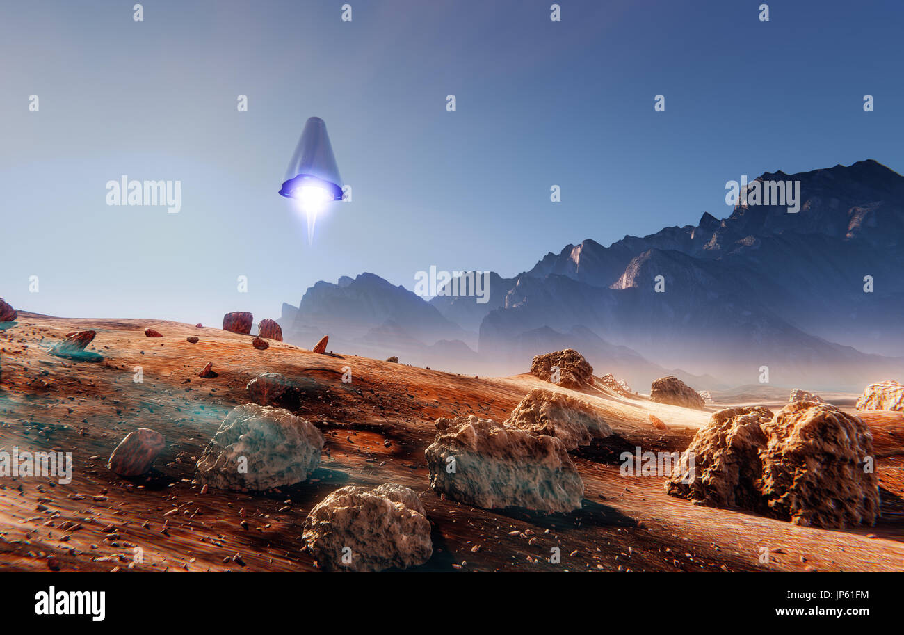 L'astronave di atterraggio su Marte, molti meteorite rocce, 3d illustrazione Foto Stock
