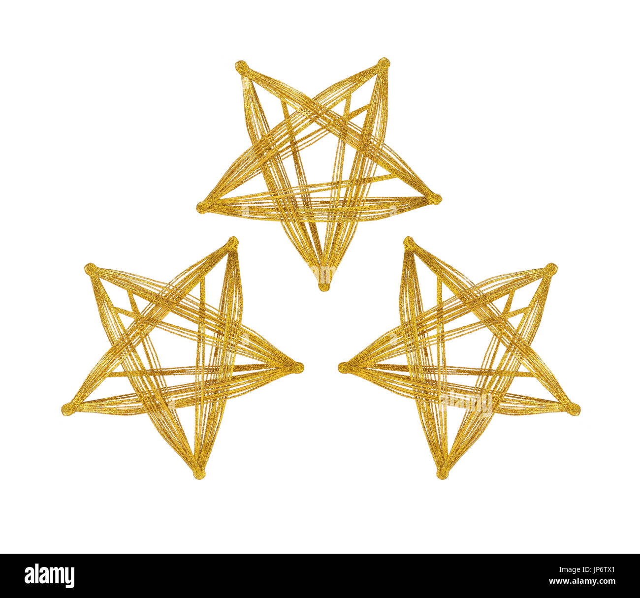 Tre golden glitter stelle isolati su sfondo bianco. Decorazioni di Natale. Foto Stock