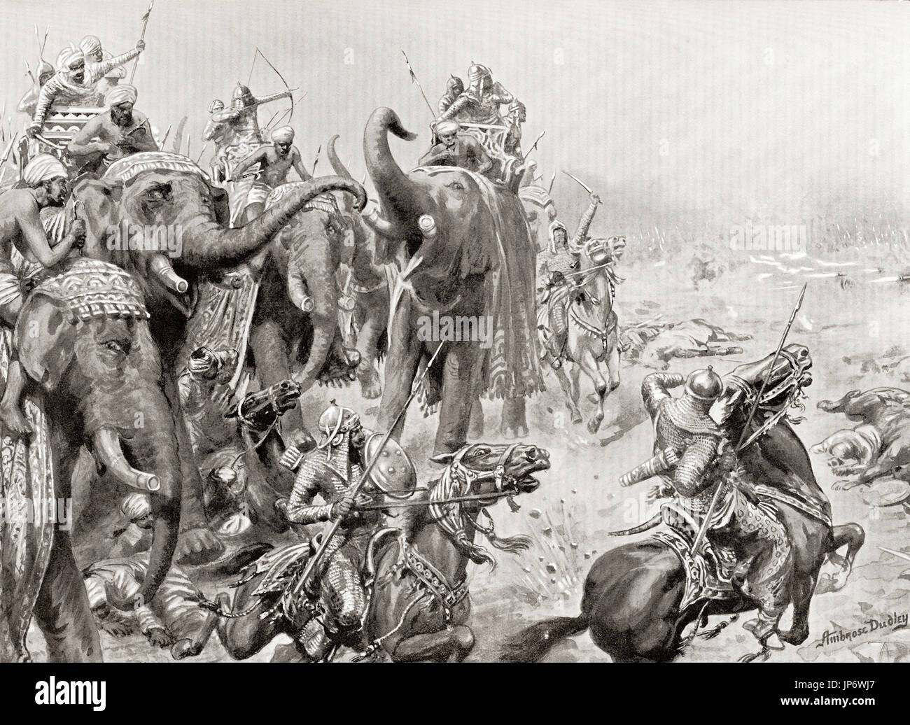 Babur introduce pistole di campo nella battaglia di Panipat, in India nel 1526. Questa è stata una delle prime battaglie che hanno coinvolto la polvere da sparo delle armi da fuoco e artiglieria di campo in India. Dopo la pittura da Ambrogio Dudley (1867-1951). Da Hutchinson nella storia delle nazioni, pubblicato 1915. Foto Stock