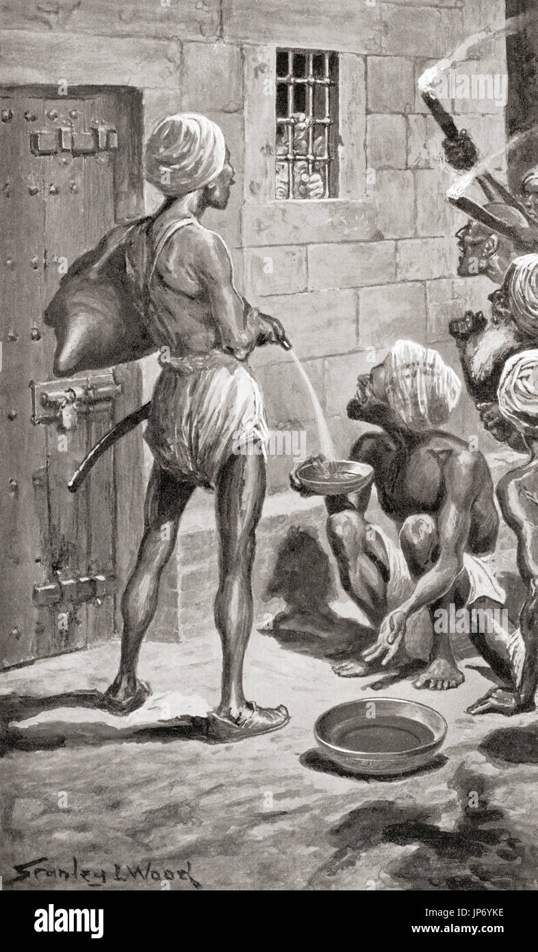 Il buco nero di Calcutta, Fort William, Calcutta, India. Un piccolo carcere dove le truppe di Siraj ud-Daulah, il Nawab del Bengala, britannici detenuti i prigionieri di guerra dopo l'esercito bengalese catturato fort il 20 giugno 1756. Troppi soldati sono stati confinati in condizioni talmente stretta che molti di loro sono morti dal soffocamento e esaurimento di calore. Da Hutchinson nella storia delle nazioni, pubblicato 1915. Foto Stock